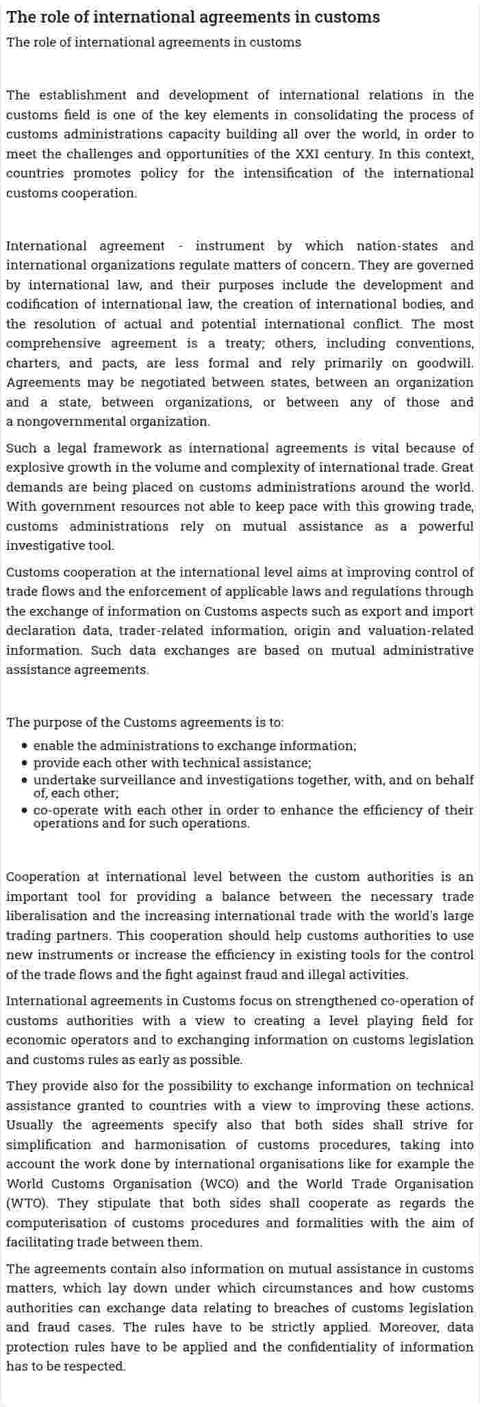 The role of international agreements in customs
