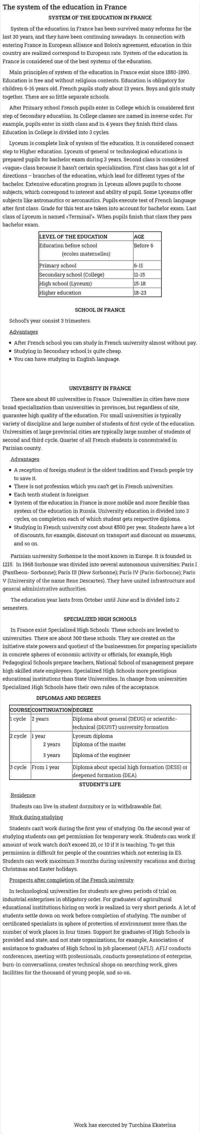 The system of the education in France