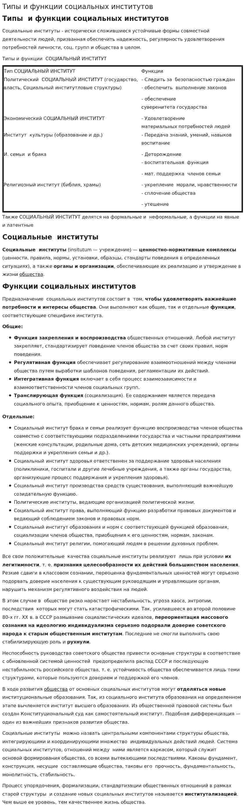 Типы и функции социальных институтов