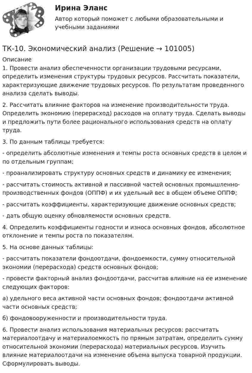      
            Описание
            	1. Провести анализ обеспеченности организации трудовыми ресурсами, определить изменения структуры трудовых ресурсов. Рассчитать показатели, характеризующие движение трудовых ресурсов. По результатам проведенного анализа сделать выводы.	2. Рассчитать влияние факторов на изменение производительности труда. Определить экономию (перерасход) расходов на оплату труда. Сделать выводы и предложить пути более рационального использования средств на оплату труда.	3. По данным таблицы требуется:	- определить абсолютные изменения и темпы роста основных средств в целом и по отдельным группам;	- проанализировать структуру основных средств и динамику ее изменения;	- рассчитать стоимость активной и пассивной частей основных промышленно-производственных фондов (ОППФ) и их удельный вес в общем объеме ОППФ;	- рассчитать коэффициенты, характеризующие движение основных средств;	- дать общую оценку обновляемости основных средств.	4. Определить коэффициенты годности и износа основных фондов, абсолютное отклонение и темпы роста по показателям.	5. На основе данных таблицы:	- рассчитать показатели фондоотдачи, фондоемкости, сумму относительной экономии (перерасхода) средств основных фондов;	- провести факторный анализ фондоотдачи, рассчитав влияние на ее изменение следующих факторов: 	а) удельного веса активной части основных фондов; фондоотдачи активной части основных средств;	б) фондовооруженности и производительности труда.	6. Провести анализ использования материальных ресурсов: рассчитать материалоотдачу и материалоемкость по прямым затратам, определить сумму относительной экономии (перерасхода) материальных ресурсов. Изучить влияние материалоотдачи на изменение объема выпуска товарной продукции. Сформулировать выводы.   
            
            
            ТК – 10. Практическое задание к теме 7  «Прямые региональные и местные налоги»ТК-10. Экономический анализТК11 Анализ финансовой отчетностиТК- 11. Выполнение письменного перевода Сделайте полный письменный перевод текста Тема 4.2 - The career ladder.ТК-11 ЗаданиеТК-11 Задание 1. На основании изучения главы 1 «Введение в проблему институтов и институциональных изменений» работы Д.Норта «Институты, институциональные изменения и функционирование экономики» составить таблицу, раскрыв следующие параметры:ТК – 11. Задание 1. Определить величину корректировки цен продаж на наличие гаража на даче, используя метод парного анализа продаж (табл.6). Таблица 6 Основные характеристики дачных участковТК-10. ЗаданиеТК – 10. Задание Дайте определение конкуренции по законодательству РФ, охарактеризуйте ее положительные и отрицательные признаки.ТК-10. Задание Какие сделки подлежат нотариальному удостоверению. Каков порядок нотариального удостоверения сделок?ТК - 10. Задание по темеТК-10 задача по бизнес-планированиюТК – 10 Итоговое контрольное задание по темам Раздела I «Философия и ее исторические типы»ТК – 10. Итоговое контрольное задание по темам Раздела I  «Философия и ее исторические типы»