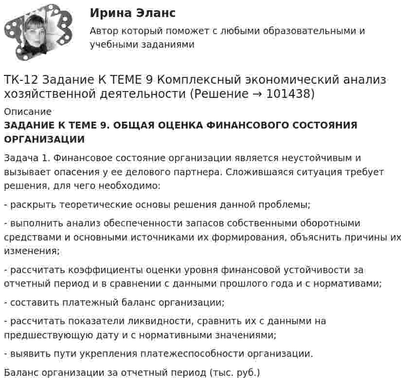      
            Описание
            ЗАДАНИЕ К ТЕМЕ 9. ОБЩАЯ ОЦЕНКА ФИНАНСОВОГО СОСТОЯНИЯ ОРГАНИЗАЦИИЗадача 1. Финансовое состояние организации является неустойчивым и вызывает опасения у ее делового партнера. Сложившаяся ситуация требует решения, для чего необходимо:- раскрыть теоретические основы решения данной проблемы;- выполнить анализ обеспеченности запасов собственными оборотными средствами и основными источниками их формирования, объяснить причины их изменения;- рассчитать коэффициенты оценки уровня финансовой устойчивости за отчетный период и в сравнении с данными прошлого года и с нормативами;- составить платежный баланс организации;- рассчитать показатели ликвидности, сравнить их с данными на предшествующую дату и с нормативными значениями;- выявить пути укрепления платежеспособности организации.Баланс организации за отчетный период (тыс. руб.)   
            
            
            ТК-12. Задание Каково участие нотариуса при оформлении наследственных прав. Может ли нотариус выполнять обязанности душеприказчика. Если да, то в каких случаях?ТК-12 Задание К ТЕМЕ 9 Комплексный экономический анализ хозяйственной деятельностиТК – 12. Задание Требуется определить стоимость земельного участка, расположенного в Советском районе, если известны следующие данные о недавних продажах аналогичных участков (табл. 1).ТК – 12. Практическое задание к теме 8 «Специальные налоговые режимы»ТК – 12. Практическое задание к теме 8 «Специальные налоговые режимы»ТК-12 Экономический анализТК13 Анализ финансовой отчетностиТК – 10. Практическое задание к теме 7  «Прямые региональные и местные налоги»ТК-10. Экономический анализТК11 Анализ финансовой отчетностиТК- 11. Выполнение письменного перевода Сделайте полный письменный перевод текста Тема 4.2 - The career ladder.ТК-11 ЗаданиеТК-11 Задание 1. На основании изучения главы 1 «Введение в проблему институтов и институциональных изменений» работы Д.Норта «Институты, институциональные изменения и функционирование экономики» составить таблицу, раскрыв следующие параметры:ТК – 11. Задание 1. Определить величину корректировки цен продаж на наличие гаража на даче, используя метод парного анализа продаж (табл.6). Таблица 6 Основные характеристики дачных участков
