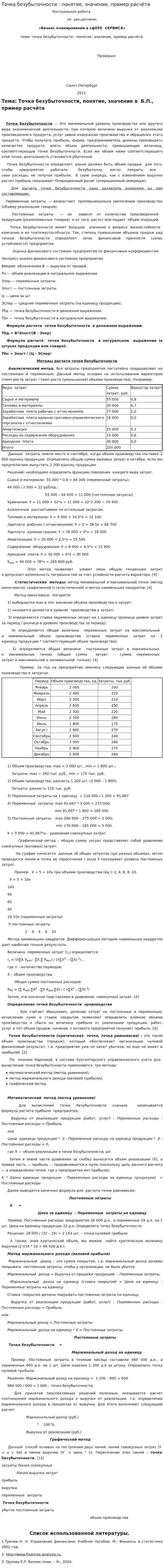 Точка безубыточности : понятие, значение, пример расчёта