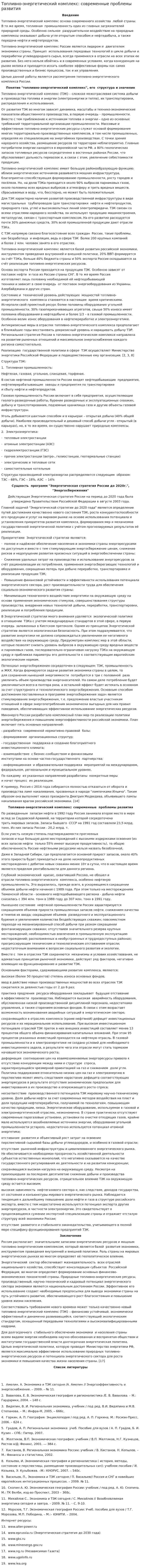 Топливно-энергетический комплекс: современные проблемы развития