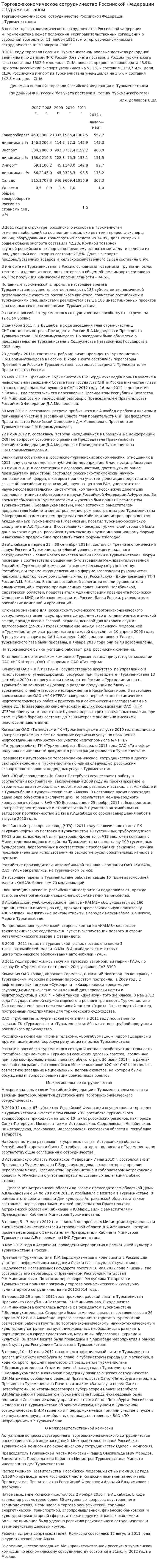 Торгово-экономическое сотрудничество Российской Федерации с Туркменистаном