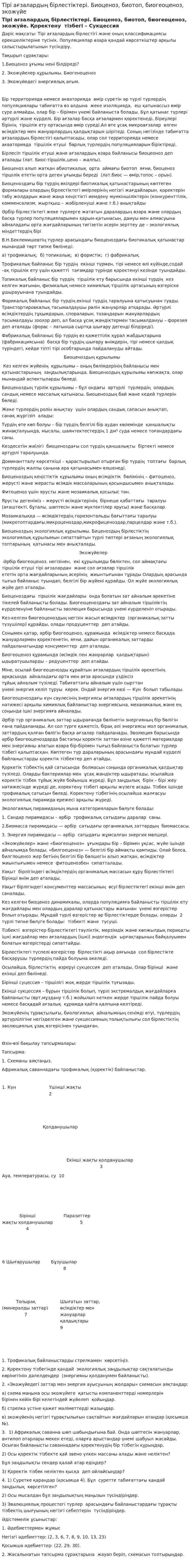 Тірі ағзалардың бірлестіктері. Биоценоз, биотоп, биогеоценоз, экожүйе