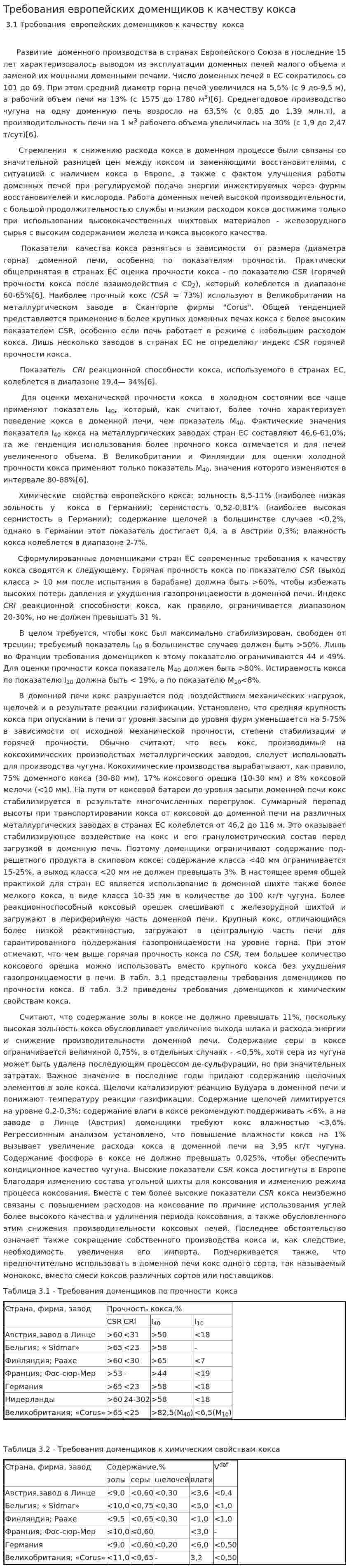 Требования европейских доменщиков к качеству кокса