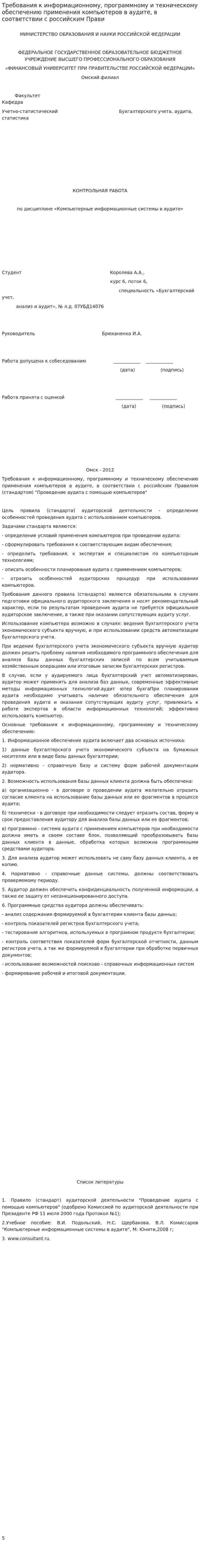Требования к информационному, программному и техническому обеспечению применения компьютеров в аудите, в соответствии с российским Прави