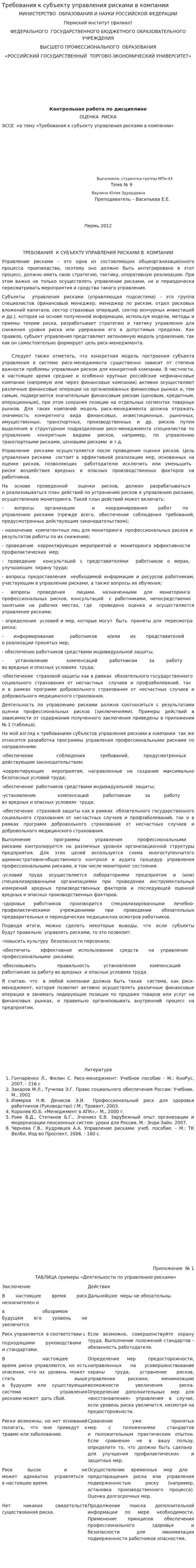 Требования к субъекту управления рисками в компании
