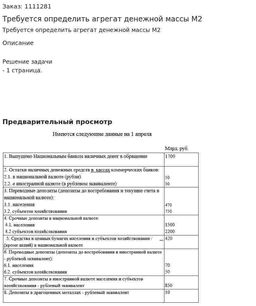 Требуется определить агрегат денежной массы М2 