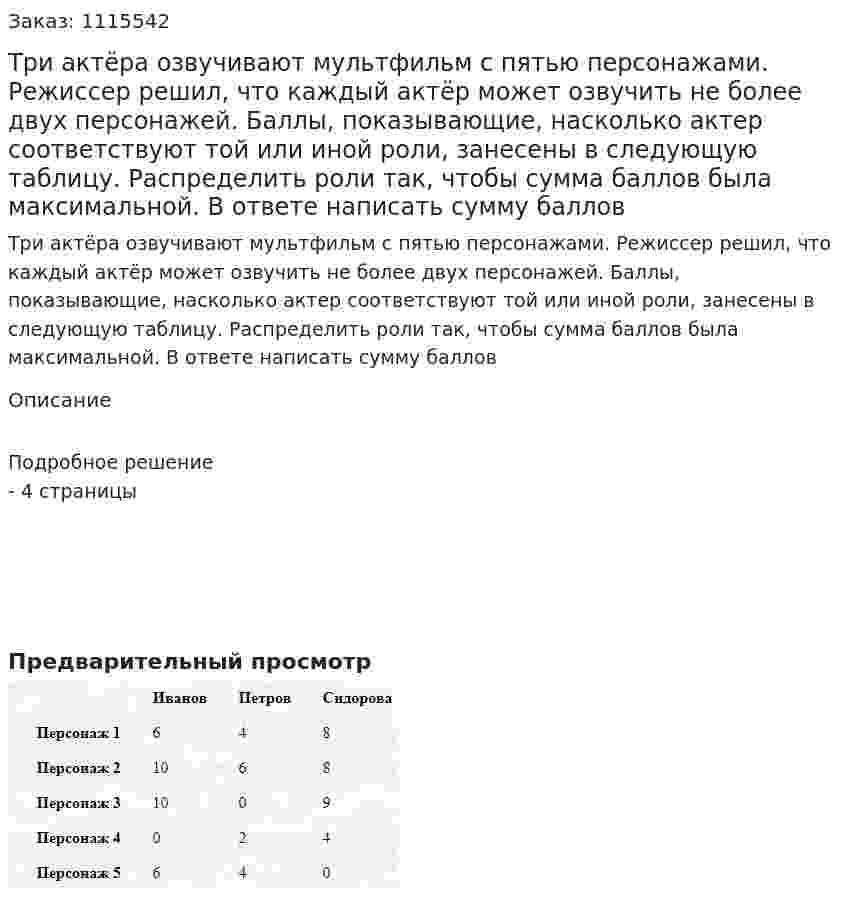 Три актёра озвучивают мультфильм с пятью персонажами. Режиссер решил, что каждый актёр может озвучить не более двух персонажей. Баллы, показывающие, насколько актер соответствуют той или иной роли, занесены в следующую таблицу. Распределить роли так, чтобы сумма баллов была максимальной. В ответе написать сумму баллов 