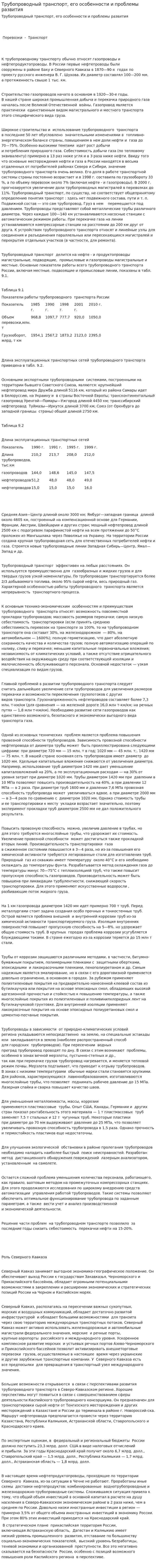 Трубопроводный транспорт, его особенности и проблемы развития