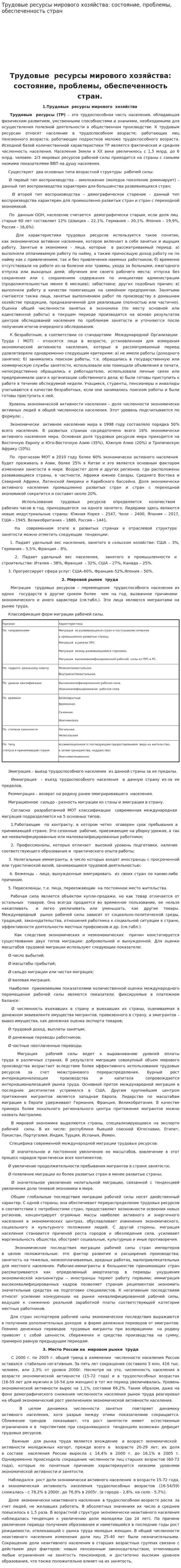Трудовые ресурсы мирового хозяйства: состояние, проблемы, обеспеченность стран