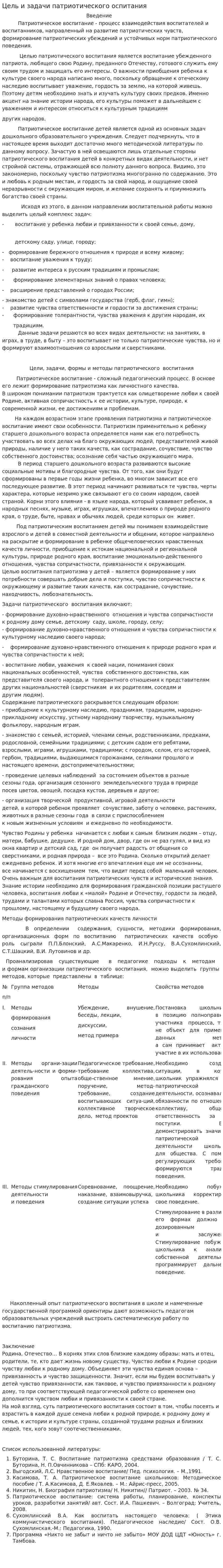 Цель и задачи патриотического оспитания