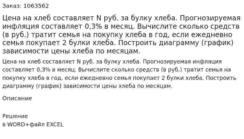 Цена на хлеб составляет N руб. за булку хлеба. Прогнозируемая инфляция составляет 0,3% в месяц. Вычислите сколько средств (в руб.) тратит семья на покупку хлеба в год, если ежедневно семья покупает 2 булки хлеба. Построить диаграмму (график) зависимости цены хлеба по месяцам. 