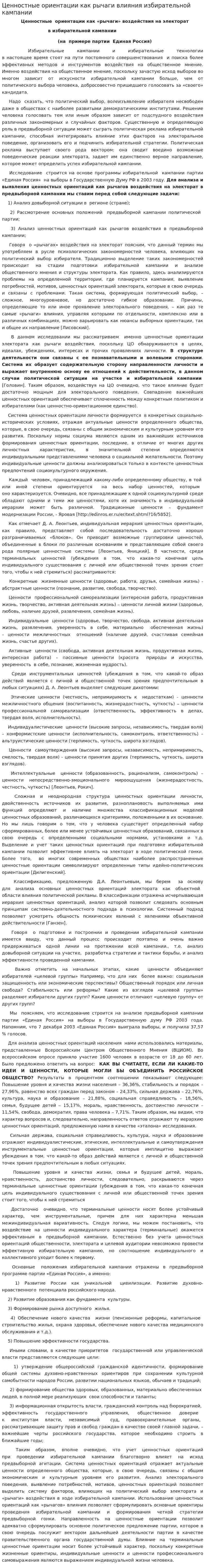 Ценностные ориентации как рычаги влияния избирательной кампании