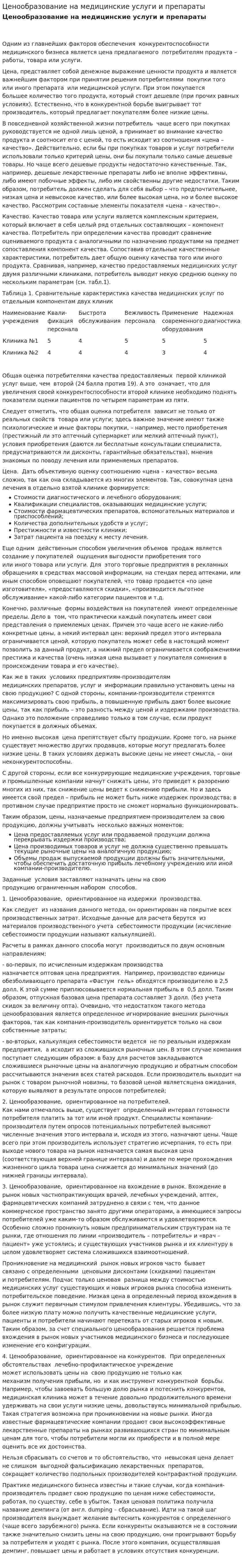 Ценообразование на медицинские услуги и препараты