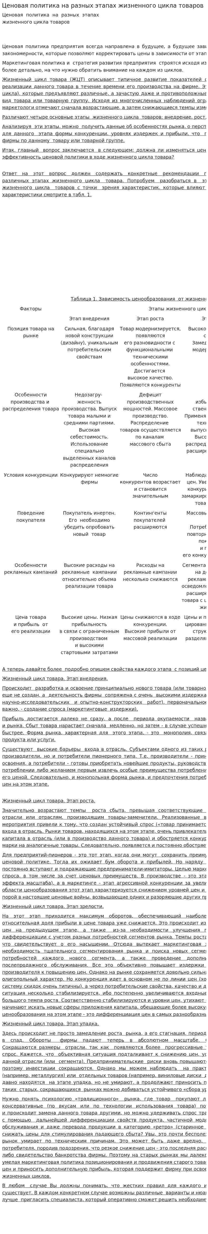 Ценовая политика на разных этапах жизненного цикла товаров