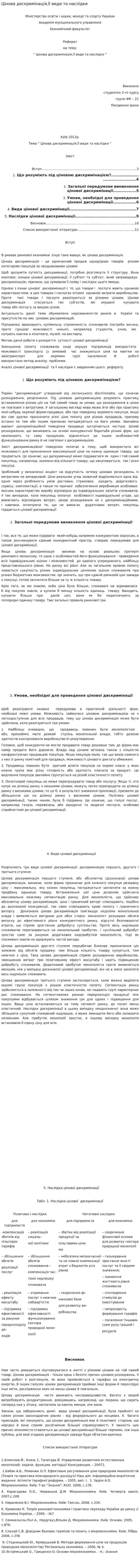 Цінова дискримінація,її види та наслідки