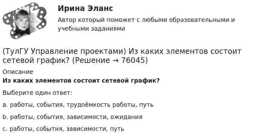      
            Описание
            Из каких элементов состоит сетевой график?Выберите один ответ:a. работы, события, трудоёмкость работы, путь b. работы, события, зависимости, ожидания c. работы, события, зависимости, путь    
            
            
            (ТулГУ Управление проектами) Выберете из списка характеристики, принадлежащие защитной стратегии НИОКР:(ТулГУ Управление проектами) Из каких элементов состоит сетевой график?(ТулГУ Управление проектами) Какая работа называется критической:(ТулГУ Управление проектами) Какие задачи выполняет диаграмма движения денежных средств:(ТулГУ Управление проектами) Календарное планирование не включает в себя:(ТулГУ Управление проектами) Организационная структура, при которой возможно перераспределение человеческих ресурсов между проектами без реорганизации существующей структуры(ТулГУ Управление проектами) Проект отличается от процессной деятельности тем, что(ТулГУ) Укажите основные группы, на которые делятся элементы по энергетическому признаку.(ТулГУ) Укажите основные элементы погружного насоса в скважине.(ТулГУ) Укажите отличия разрезных подкрановых балок от неразрезных(ТулГУ) Укажите параметры информационных шин микропроцессора INTEL 8080A?(ТулГУ) Укажите свойство ЕИП(ТулГУ) Укажите характер силы, соответствующей элементу k21 EFl1-1-11(ТулГУ) Умеренная пожароопасная категория помещений называется: