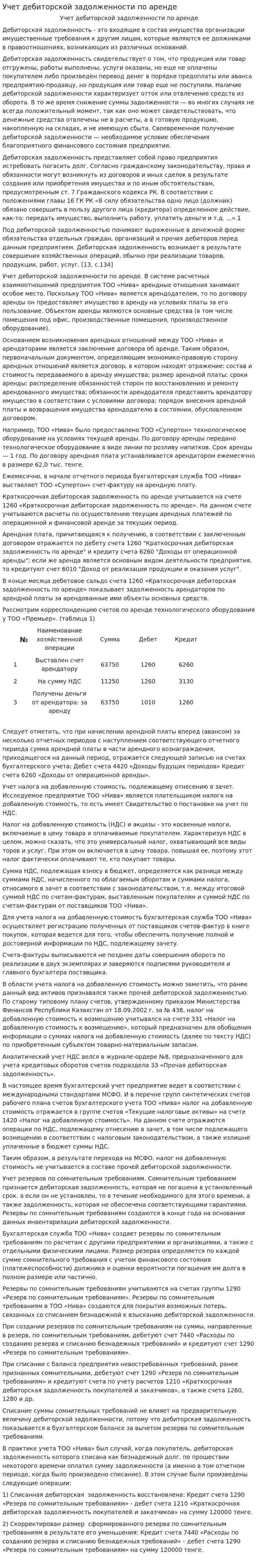 Учет дебиторской задолженности по аренде