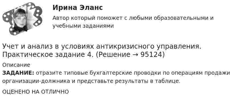     
            Описание
            ЗАДАНИЕ: 	отразите типовые бухгалтерские проводки по операциям продажи организации-должника и представьте результаты в таблице. ОЦЕНЕНО НА ОТЛИЧНО   
            
            
            Учет и анализ банкротств ММУ 2023г.Учет и анализ в условиях антикризисного управления. Практическое задание 4.Учет и анализ - задание к теме 15Учет и анализ - задание к теме 18Учет и анализ - задание к теме 25учет и анализ затратУчет и анализ итоговое задание Учёт затрат, калькулирование, бюджетирование СИБУПК 3 курс ТК 9- 85,71%Учет затрат, калькулирование и бюджетирование ММУ 2023г.Учет затрат, КБ. Тема 3. Организация и ведение учета материальных, ... Учет затрат, КБ. Тема 5. Учет потерь производстваУчет затрат, КБ.Тема 7. Общие положения по исчислению себестоимост... / Учет затрат, КБ. Тема 8. Технология бюджетирования и контроль затратУчет и анализ, 53 вопроса (ответы на тест Синергия / МТИ / МОИ / МосАП)