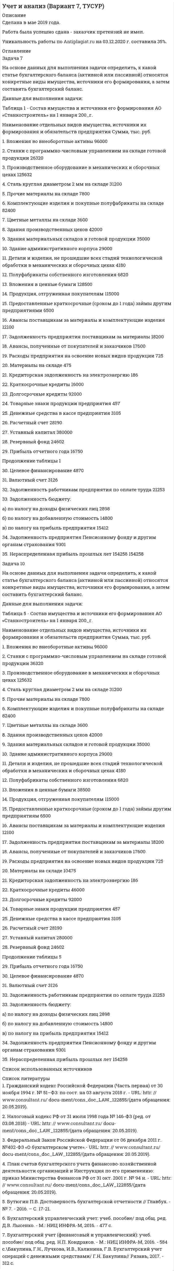 




Описание


Практ 1
Задача 8. Какой величины достигнет долг, равный 100 тыс. руб., через 5 лет по сложной ставке 15,5% годовых?
Р = 100000 тыс.руб.
n = 5 лет
i = 15,5%
Найти: S
Решение:
Практ 2
Зад 6
Какую ставку должен назначить банк, чтобы при годовой инфляции в 11% реальная ставка оказалась 7%?
Решение:
Практ 3
Задание 2.
<u>Определите коэффициент обеспеченности оборотных средств собственными оборотными средствами, если по данным бухгалтерской отчетности собственный капитал составляет 10 800 тыс. руб., внеоборотные активы – 9 200 тыс. руб., оборотный капитал – 14 800 тыс.руб., итого активы – 26 000 тыс. руб.</u>
Определите коэффициент обеспеченности запасов собственными оборотными средствами,если по данным бухгалтерской отчетности запасы 7 800 тыс. руб., собственный капитал 10800 тыс. руб., внеоборотные активы 9 200 тыс. руб., оборотный капитал 14 800 тыс. руб.




Оглавление


ММУ Практическая работа Финансовые вычисления



            
            
            Задача 7 На каком из рисунков изображён замкнутый силовой многоугольник?    Выберите один ответ: a.1) а) b.3) в) c.4) г) d.2) б)Задача 7 На основе данных для выполнения задачи определить, к какой статье бухгалтерского баланса (активной или пассивной) относятся конкретные виды имущества, источники его формирования, а затем составить бухгалтерский баланс. Данные для выполнения задачи:Задача 7 На рисунке изображены треугольники и четырехугольники. Сколько тех и других изображено на рисунке, если у всех фигур вместе 69 углов, а всего фигур - 18Задача 7 на тему Электронные выпрямители.Задача 7 Рассчет на прочность при изгибе. Вариант 5Задача 7 Рассчет на прочность при изгибе. Вариант 6Задача 8.35 Куколевский И.И.Задача 7.3 - Примеры и задачи, Павлов К.Ф., Романков П.ГЗадача 7.4 - Примеры и задачи, Павлов К.Ф., Романков П.ГЗадача 7. Банковская система предполагает использование денежно-кредитных инструментов регулирования функционирования финансовой системы в стране. В связи с этим в схеме эмиссионный банк – КБ – кредиторЗадача 7 Величина прожиточного минимума в Российской Федерации за III квартал 2014 установлена в следующих размерах: • на душу населения – 8086 руб. • для трудоспособного населения – 8731 руб. • для пенсионеров – 6656 руб. • для детей – 7738 руб.Задача 7. Выполнения эскиза рабочего колеса и направляющего аппарата ЭЦН.  	По заданному варианту ЭЦН определить:  	1 .Коэффициент быстроходности рабочего колеса. 2.По коэффициенту быстроходности и схемам рабочих колЗадача 7 Для разветвлённой электрической цепи определить токи во всех ветвях. При решении задачи воспользоваться преобразованием треугольника сопротивлений в эквивалентную звезду.Задача 7-К Сложное движение материальной точки Вариант 1