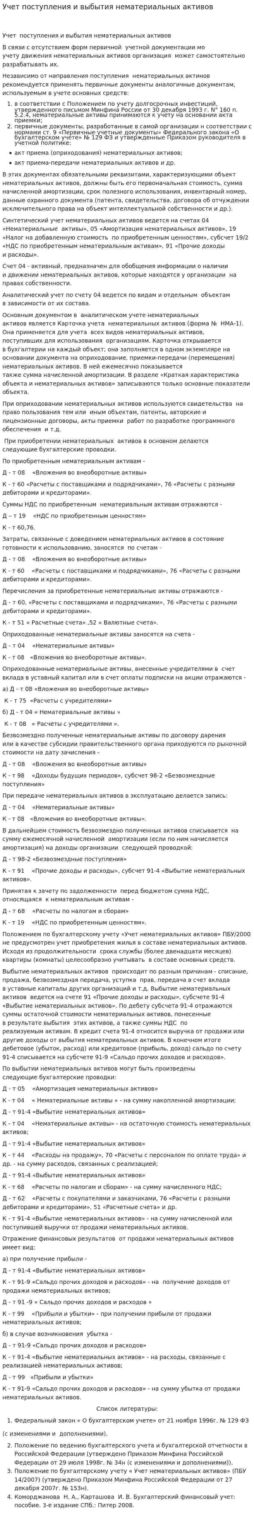 Учет поступления и выбытия нематериальных активов