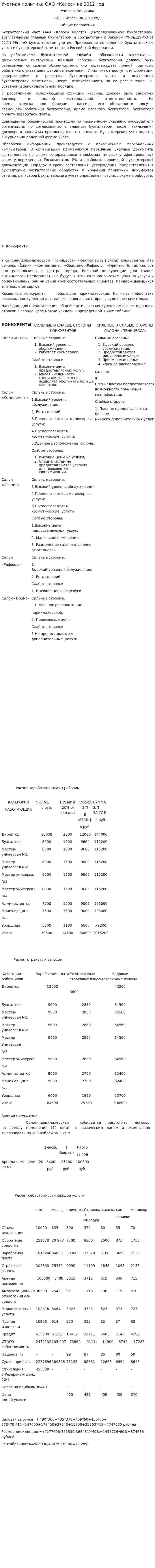 Учетная политика ОАО «Колос» на 2012 год