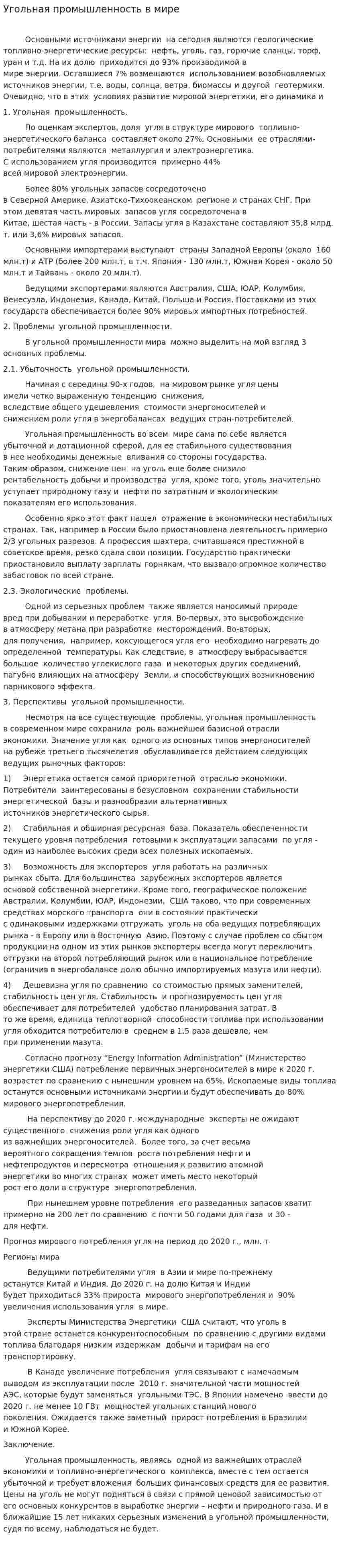 Угольная промышленность в мире