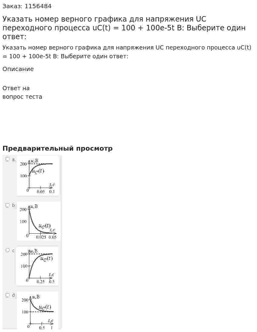 Указать номер верного графика для напряжения UC переходного процесса uC(t) = 100 + 100e-5t В: Выберите один ответ:  