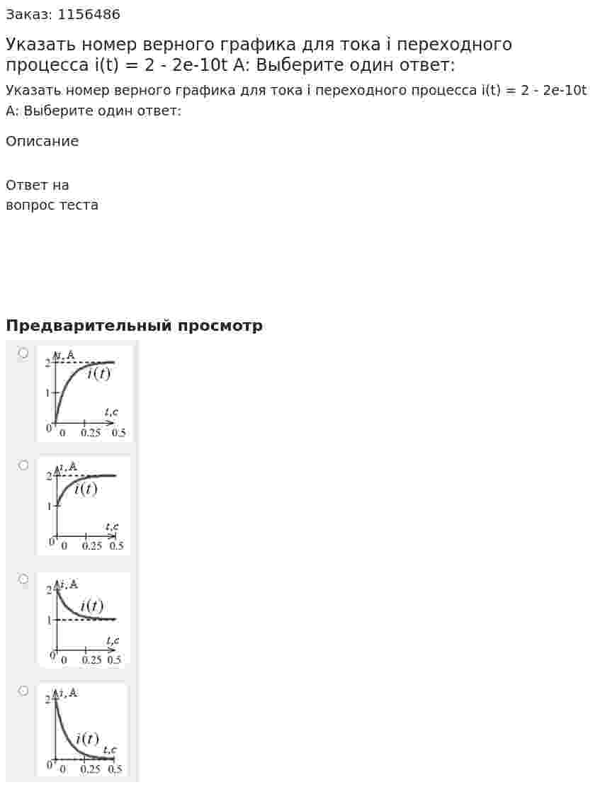 Указать номер верного графика для тока i переходного процесса i(t) = 2 - 2e-10t А: Выберите один ответ: 