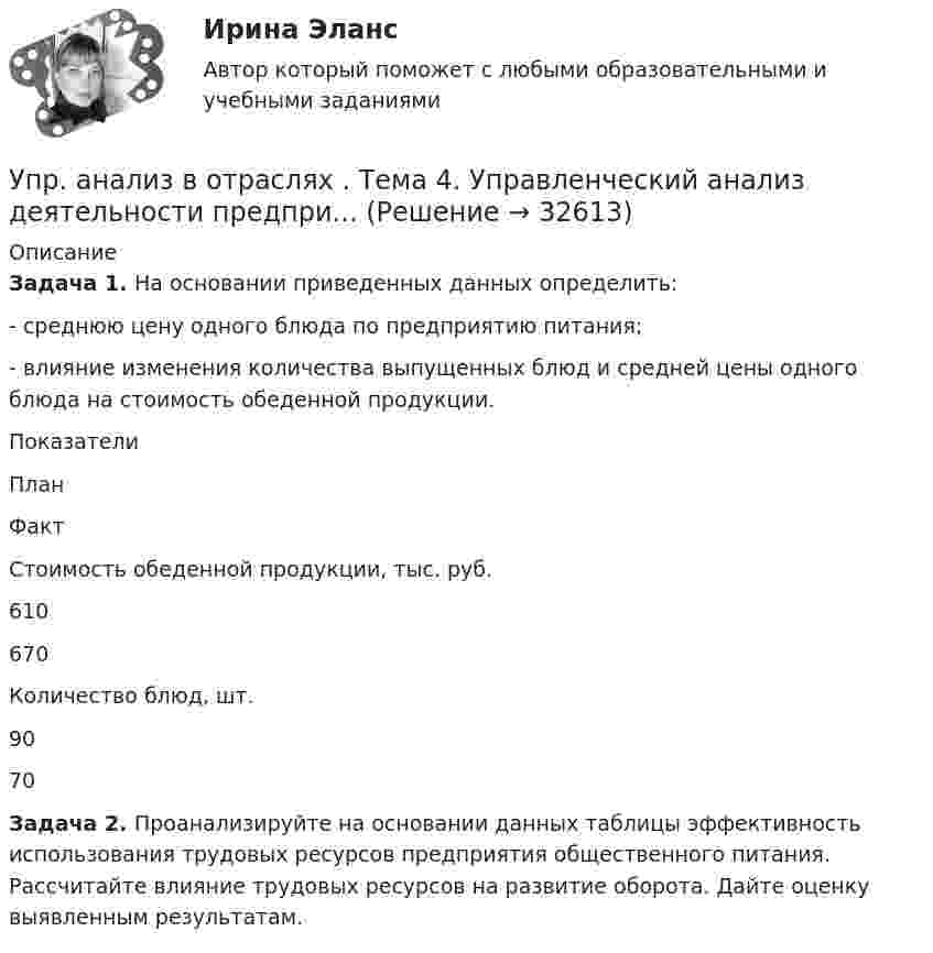      
          Описание
          Задача 1. На основании приведенных данных определить:	- среднюю цену одного блюда по предприятию питания;	- влияние изменения количества выпущенных блюд и средней цены одного блюда на стоимость обеденной продукции.   Показатели План  Факт    Стоимость обеденной продукции, тыс. руб. 610 670   Количество блюд, шт. 90 70 Задача 2. Проанализируйте на основании данных таблицы эффективность использования трудовых ресурсов предприятия общественного питания. Рассчитайте влияние трудовых ресурсов на развитие оборота. Дайте оценку выявленным результатам.  
            
            
            Упр. анализ в отраслях. Тема 3. Управленческий анализ деятельности торговы...Упр. анализ в отраслях . Тема 4. Управленческий анализ деятельности предпри...Упр. анализ в отраслях. Тема 5. Управленческий анализ деятельности строите... / Упр. анализ в отраслях. Тема 8. Управленческий анализ деятельности предпри...Упрочнения стекла достигаютУпрощенное производствоУпрощенную систему налогообложения имеют право применять организации, доход которых за налоговый (отчетный) период не превышает ...Упражнение 1. Причастие I (Participle I Simple, Participle I Perfect). Перепишите предложения и переведите их на русский язык. Обратите внимание на причастия, выделенные жирным шрифтом, и укажите их синтаксическую функцию (часть сказуемого, определение или обстоятельство).Упражнение №14Упражнение № 1. Выпишите минимум 3 свои главные ближайшие цели на «стратегическую картонку». Упражнение № 2. Выделите жирным правильный вариант из представленных формулировок по SMART-критериям: Упражнение № 3. В колонке по вертикали выпишите дела сегодняшнего дня; по горизонтали .......Упражнение по расчету МТЗ (контрольная работа). Курс – Релейная защита и Автоматизация Энергосистем (сокращенная программа) ИДДО НИУ МЭИУпражнение по расчету трехступенчатой токовой защиты (контрольная работа). Курс – Релейная защита и Автоматизация Энергосистем (сокращенная программа) ИДДО НИУ МЭИУпражнение «Уборка в офисе» Упр. анализ в отраслях. Тема 1. Сущность управленческого анализа и его мес...