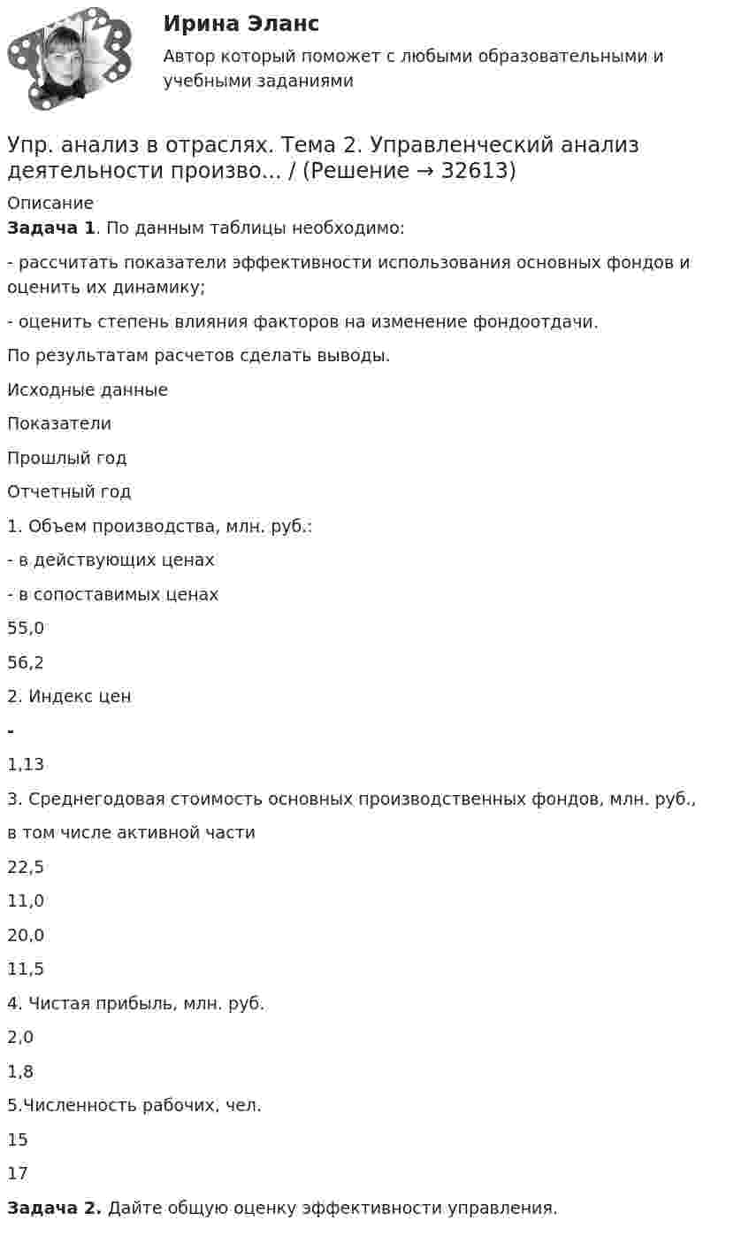      
          Описание
          Задача 1. По данным таблицы необходимо:- рассчитать показатели эффективности использования основных фондов и оценить их динамику;- оценить степень влияния факторов на изменение фондоотдачи.По результатам расчетов сделать выводы. 	Исходные данные  Показатели Прошлый год Отчетный год   1.  Объем производства, млн. руб.:- в действующих ценах- в сопоставимых ценах   55,0   56,2   2.     Индекс цен - 1,13   3.     Среднегодовая стоимость основных производственных фондов, млн. руб.,в том числе активной части 22,5 11,0 20,0 11,5   4. Чистая прибыль, млн. руб. 2,0 1,8   5.Численность рабочих, чел. 15 17  Задача 2. Дайте общую оценку эффективности управления.  
            
            
            Упр. анализ в отраслях. Тема 1. Сущность управленческого анализа и его мес...Упр. анализ в отраслях. Тема 2. Управленческий анализ деятельности произво... / Упр. анализ в отраслях. Тема 3. Управленческий анализ деятельности торговы...Упр. анализ в отраслях . Тема 4. Управленческий анализ деятельности предпри...Упр. анализ в отраслях. Тема 5. Управленческий анализ деятельности строите... / Упр. анализ в отраслях. Тема 8. Управленческий анализ деятельности предпри...Упрочнения стекла достигаютУправленческое консультирование (тест с ответами Синергия/МОИ/ МТИ /МОСАП)Управленческое решение Вопрос 38 + задача 70 Упражнение 1. Причастие I (Participle I Simple, Participle I Perfect). Перепишите предложения и переведите их на русский язык. Обратите внимание на причастия, выделенные жирным шрифтом, и укажите их синтаксическую функцию (часть сказуемого, определение или обстоятельство).Упражнение №14Упражнение № 1. Выпишите минимум 3 свои главные ближайшие цели на «стратегическую картонку». Упражнение № 2. Выделите жирным правильный вариант из представленных формулировок по SMART-критериям: Упражнение № 3. В колонке по вертикали выпишите дела сегодняшнего дня; по горизонтали .......Упражнение по расчету МТЗ (контрольная работа). Курс – Релейная защита и Автоматизация Энергосистем (сокращенная программа) ИДДО НИУ МЭИУпражнение по расчету трехступенчатой токовой защиты (контрольная работа). Курс – Релейная защита и Автоматизация Энергосистем (сокращенная программа) ИДДО НИУ МЭИ