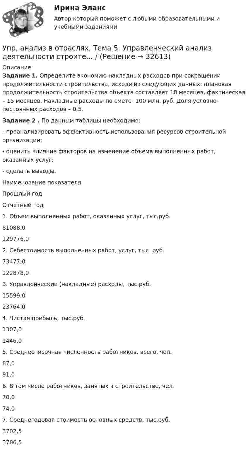      
          Описание
          Задание 1. Определите экономию накладных расходов при сокращении продолжительности строительства, исходя из следующих данных: плановая продолжительность строительства объекта составляет 18 месяцев, фактическая – 15 месяцев. Накладные расходы по смете- 100 млн. руб. Доля условно-постоянных расходов – 0,5. Задание 2 . По данным таблицы необходимо:	- проанализировать эффективность использования ресурсов строительной организации;	- оценить влияние факторов на изменение объема выполненных работ, оказанных услуг;	- сделать выводы.  Наименование показателя Прошлый год Отчетный год   1. Объем выполненных работ, оказанных услуг, тыс.руб. 81088,0 129776,0   2. Себестоимость выполненных работ, услуг, тыс. руб. 73477,0 122878,0   3. Управленческие (накладные) расходы, тыс.руб. 15599,0 23764,0   4. Чистая прибыль, тыс.руб. 1307,0 1446,0   5. Среднесписочная численность работников, всего, чел. 87,0 91,0   6. В том числе работников, занятых в строительстве, чел. 70,0 74,0   7. Среднегодовая стоимость основных средств, тыс.руб. 3702,5 3786,5   
            
            
            Упр. анализ в отраслях . Тема 4. Управленческий анализ деятельности предпри...Упр. анализ в отраслях. Тема 5. Управленческий анализ деятельности строите... / Упр. анализ в отраслях. Тема 8. Управленческий анализ деятельности предпри...Упрочнения стекла достигаютУпрощенное производствоУпрощенную систему налогообложения имеют право применять организации, доход которых за налоговый (отчетный) период не превышает ...упруги Савины купили своему 2-х летнему сыну в магазине       Детский мир» резиновую игрушку. Через неделю у ребенка проявились аллергические реакции в виде зудаУпражнение №14Упражнение № 1. Выпишите минимум 3 свои главные ближайшие цели на «стратегическую картонку». Упражнение № 2. Выделите жирным правильный вариант из представленных формулировок по SMART-критериям: Упражнение № 3. В колонке по вертикали выпишите дела сегодняшнего дня; по горизонтали .......Упражнение по расчету МТЗ (контрольная работа). Курс – Релейная защита и Автоматизация Энергосистем (сокращенная программа) ИДДО НИУ МЭИУпражнение по расчету трехступенчатой токовой защиты (контрольная работа). Курс – Релейная защита и Автоматизация Энергосистем (сокращенная программа) ИДДО НИУ МЭИУпражнение «Уборка в офисе» Упр. анализ в отраслях. Тема 1. Сущность управленческого анализа и его мес...Упр. анализ в отраслях. Тема 2. Управленческий анализ деятельности произво... / 