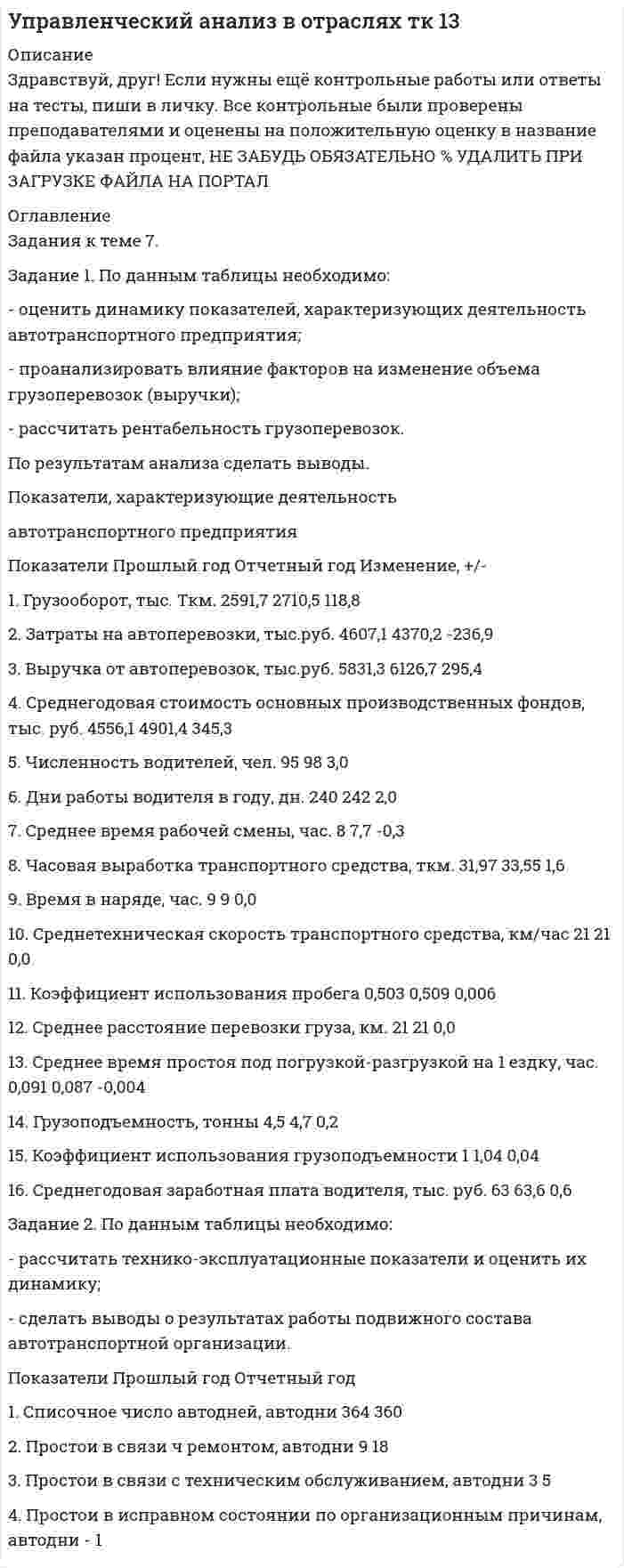 




Описание

Задания к теме 6.
Задание 1. По данным таблицы необходимо:
- проанализировать динамику и структуру объема деятельности сельскохозяйственного предприятия;
- оценить уровень специализации в отчетном году (Справочно: коэффициент специализации в прошлом периоде составил 0,44).
По результатам расчетов сделать выводы.
Исходные данные
Вид продукции и отрасли Выручка, тыс. руб.
Период, предшествующий предыдущему Предыдущий период Отчетный период
Зерновые 2433 7675 8463
Картофель 87 30 49
Прочая продукция растениеводства 50 5984 8538
Итого продукции растениеводства 2570 13689 17050
Молоко цельное 2836 6820 8831
Скот и птица в живом весе на мясо:
-КРС
156
65,0
198,0
-Свиньи - - -
-Птица - - -
Прочая продукция животноводства 1597 2716 3234
Итого продукция животноводства 4589 9601 12263
Всего по отраслям растениеводства и животноводства 7159 23290 29313

Задание 2. На основании данных, приведенных в таблице, проанализируйте обеспеченность предприятия агропромышленного комплекса основными средствами. По результатам анализа сделайте выводы.
Показатели Единицы измерения Период
прошлый отчетный
1.Среднегодовая стоимость основных средств тыс.руб. 220412 230592
2.Всего энергетических мощностей л.с. 25861 25992
3.Среднегодовая численность рабочих чел. 362 328
4. Площадь угодий га 100 110
5.Фондообеспеченность т.р./га
6.Фондовооруженность т.р./чел.
7.Энергообеспеченность л.с./га
8.Энерговооруженность л.с./чел.


            
            
            Задание 1. По данным таблицы необходимо: - оценить динамику показателей, характеризуюзих деятельность автотранспортного предприятия; - проанализировать влияние факторов на изменение объема грузоперевозок (выручки); - рассчитать рентабельность грузоперевозок. По результатам анализа сделать выводы. Показатели, характеризующие деятельностьЗадание 1. По данным таблицы необходимо: - оценить динамику показателей, характеризующих деятельность автотранспортного предприятия; - проанализировать влияние факторов на изменение объема грузоперевозок (выручки); - рассчитать рентабельность грузоперевозок. По результатам анализа сделать выводы.Задание 1. По данным таблицы необходимо: - проанализировать динамику и структуру объема деятельности сельскохозяйственного предприятия; - оценить уровень специализации в отчетном году (Справочно: коэффициент специализации в прошлом периоде составил 0,44). По результатам расчетов сделать выводы.Задание 1. По данным таблицы необходимо: - проанализировать динамику и структуру объема деятельности сельскохозяйственного предприятия; - оценить уровень специализации в отчетном году (Справочно: коэффициент специализации в прошлом периоде составил 0,44). По результатам расчетов сделать выводы.. 2Задание 1. По данным таблицы необходимо: - проанализировать динамику и структуру объема деятельности сельскохозяйственного предприятия; - оценить уровень специализации в отчетном году (Справочно: коэффициент специализации в прошлом периоде составил 0,44). По результатам расчетов сделать выводы. Исходные данныеЗадание 1. По данным таблицы проклассифицировать хозяйственные средства швейной фабрики. Задание 2. По данным о составе хозяйственных средств швейной фабрики (см. задачу 1) составить бухгалтерский баланс по состоянию на начало месяца.Задание 1. Подберите задания (учебник математики по выбору), способствующие развитию у младших школьников личностных УУД, регулятивных УУД, познавательных УУД, коммуникативных УУД при изучении математики (не менее 4-х заданий). Поясните свой выбор. Заполните таблицу:Задание 1. По данным бухгалтерского баланса осуществите: а) горизонтальный анализ. Выявите резкие изменения отдельных статей. Сделайте выводы. б) вертикальный анализ. Определите изменение структуры активов и пассивов баланса.. 2Задание 1 По данным бухгалтерского баланса проведите анализ структуры активов и пассивов, дайте оценку их динамики (изменениям) за исследуемый период. В выводах определите принадлежность к виду экономической деятельности организации, основываясь на оценке состава ее активов, дайте характеристику произошедшим изменениям структуры активов и пассивов, оцените структуру источников финансирования (пассивов).Задание 1. По данным отчета об изменениях капитала оцените динамику и структуру собственного капитала организации, рассчитайте показатели движения капитала. Для анализа заполните таблицу. Сделайте выводы.Задание 1. По данным отчета об изменениях капитала оцените динамику и структуру собственного капитала организации, рассчитайте показатели движения капитала. Для анализа заполните таблицу. Сделайте выводы. ТаблицаЗадание 1. По данным отчета об изменениях капитала оцените динамику и структуру собственного капитала организации, рассчитайте показатели движения капитала. Для анализа заполните таблицу. Сделайте выводы. Таблица Анализ движения капиталаЗадание 1. По данным региональной статистики рассчитать показатели динамики ВРП за 2004 — 2014 г.г. и экстраполировать значения на 6 лет используя экспоненциальное сглаживание. Изобразить графически и сделать вывод.Задание 1 По данным таблицы 1 необходимо: 1) рассчитать показатели фондоотдачи, фондоемкости, фондорентабельности и фондовооруженности; 2) определить факторы, оказывающие влияние на изменение фондоотдачи, и провести факторный анализ этого показателя,