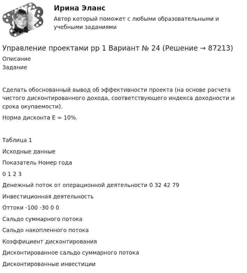      
            Описание
            ЗаданиеСделать обоснованный вывод об эффективности проекта (на основе расчета чистого дисконтированного дохода, соответствующего индекса доходности и срока окупаемости).Норма дисконта Е = 10%.Таблица 1Исходные данныеПоказатель	Номер года	0	1	2	3Денежный поток от операционной деятельности	0	32	42	79Инвестиционная деятельность				Оттоки	-100	-30	0	0Сальдо суммарного потока				Сальдо накопленного потока				Коэффициент дисконтирования				Дисконтированное сальдо суммарного потока				Дисконтированные инвестиции				   
            
            
            Управление проектами работа № 2 вариант 23 ИДДО НИУ МЭИУправление проектами рр 1  Вариант № 24Управление проектами Синергия Управление проектами СИНЕРГИЯ 🌞Управление проектами Синергия 2022 Новый сборник из 108 готовых ответов! (87/100)Управление проектами Синергия 2023Управление проектами (Синергия 2 семестр)💯 Управление проектами по гибким методикам.фтехп_БАК (ответы на тест Синергия / МОИ / МТИ / МосАП, октябрь 2023)💯 Управление проектами по гибким методикам.фтехп_БАК (ответы на тест Синергия / МОИ / МТИ / МосАП, сентябрь 2023)Управление проектами по гибким методикам.фтехп_БАК. Синергия. Ответы на ИТОГОВЫЙ ТЕСТ. На отлично!💯 Управление проектами (правильные ответы на тест Синергия / МОИ / МТИ / МосАП)💯 Управление проектами (правильные ответы на тест Синергия / МОИ / МТИ / МосАП, август 2023)Управление проектами. Практическое задание. ММУ.Управление проектами.Практическое задание. ММУ.