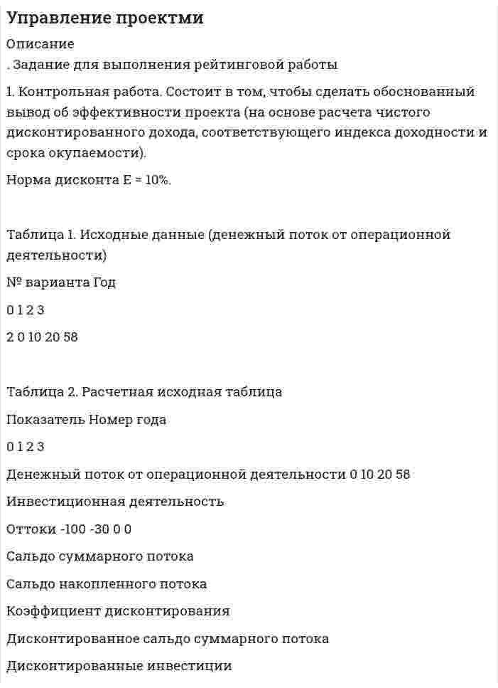 




Описание


Методы принятия управленческих решений. Практика 2020 год. ММУ. Работа принята и оценена на отлично.
Метод взвешивания - учитывает факторы, важные для размещения, но которые не всегда возможно представить в числовом виде. Различие между факторами отражается в начислении баллов.
Задание для самостоятельной работы
Взять данные из таблицы и произвести расчеты по выбору варианта строительства.
Обосновать вывод по выбора варианта в соответствии с полученными результатами:
Вариант 1
Значения Доступность Арендная плата Удобство для персонала
показателя для пациентов
Вес 0,3 0,6 0,1
A 10 5 3
B 8 4 6
C 7 6 5
Вариант 2
Значения Доступность Арендная плата Удобство для персонала
показателя для пациентов
Вес 0,4 0,2 0,4
A 9 1 9
B 8 3 6
C 4 1 2
Вариант 3
Значения Доступность Арендная плата Удобство для персонала
показателя для пациентов
Вес 0,2 0,6 0,2
A 7 10 5
B 1 5 9
C 4 6 8
Вариант 4
Значения Доступность Арендная плата Удобство для персонала
показателя для пациентов




Оглавление


Метод размещения с учетом полных затрат
Данный метод основан на анализе затрат и объемов выпуска. Для каждого варианта определяются постоянные и переменные затраты. Выбирается вариант размещения с наименьшими совокупными затратами для определенного объема производства
Вариант 1
Рассматривается вопрос о строительстве завода в одном из трех городов: А, В, С. Исследование показало, что постоянные затраты (за год) в этих городах равны 25000, 45000 и 70000 рублей соответственно, а переменные затраты - 55, 40 и 35 рублей за единицу продукции соответственно. Ожидаемый годовой объем выпуска - 8000 единиц. Определим место строительства с учетом полных затрат.
Вариант 2
Рассматривается вопрос о строительстве завода в одном из трех городов: А, В, С. Исследование показало, что постоянные затраты (за год) в этих городах равны 16866, 20726 и 48709 рублей соответственно, а переменные затраты - 22, 87 и 28 рублей за единицу продукции соответственно. Ожидаемый годовой объем выпуска - 5000 единиц. Определим место строительства с учетом полных затрат
Вариант 3
Рассматривается вопрос о строительстве завода в одном из трех городов: А, В, С. Исследование показало, что постоянные затраты (за год) в этих городах равны 32948, 80142 и 36293 рублей соответственно, а переменные затраты - 88, 18 и 99 рублей за единицу продукции соответственно. Ожидаемый годовой объем выпуска - 4000 единиц. Определим место строительства с учетом полных затрат
Вариант 4
Рассматривается вопрос о строительстве завода в одном из трех городов: А, В, С. Исследование показало, что постоянные затраты (за год) в этих городах равны 31257, 65500 и 74595 рублей соответственно, а переменные затраты - 20, 1 и 78 рублей за единицу продукции соответственно. Ожидаемый годовой объем выпуска - 9000 единиц. Определим место строительства с учетом полных затрат



            
            
            Задание: дать характеристику алгоритма проектной деятельности и рассмотреть стадии проектной деятельности. Получить практические навыки построения структуры с использованием алгоритмов проектной деятельности.. 5. Задание для выполнения рейтинговой работы 1. Контрольная работа. Состоит в том, чтобы сделать обоснованный вывод об эффективности проекта (на основе расчета чистого дисконтированного дохода, соответствующего индекса доходности и срока окупаемости). Норма дисконта Е = 10%.Задание для итогового мероприятия по дисциплине «Генерация бизнес – идей» (онлайн)Задание для итогового мероприятия по дисциплине «Генерация бизнес – идей» (онлайн) Представление бизнес - идеиЗадание для кандидата: Вам необходимо разработать бизнес – план с детализацией мероприятий и ресурсов по достижению отделом продаж, которым Вы управляете, достигнув показателей в 3500 тонн отгрузки металлопроката со средней наценкой минимум 5,5% к 31 мая 2018 г.Задание для практического занятия по теме «Развитие и элементы денежной системы»Задание Для проведения выборов в местные органы власти кандидатом составлен список работ, которые следует выполняться одновременно. Необходимо составить сетевой график вы-полнения работ (в терминах событий), пронумеровать события сетевого графика послойно и рассчитать табличным способом основные его параметры (раннее или позднее время свершения события, раннее и позднее время свершения начала и окончания работы, ре-зерв времени работы) и определить критический путь.Задание Данные о численности населения Курганской области за 2009–2017 гг. (на начало года), тыс. чел.: 2009 2010 2011 2012 2013 2014 2015 2016 2017 947 909 896 886 877 870 862 854 854 На основе имеющейся статистической базы следует:Задание Данные о численности населения Свердловской области за 2009–2017 гг., тыс. чел.: 2009 2010 2011 2012 2013 2014 2015 2016 2017 4394 4297 4307 4316 4321 4327 4330 4329 4331 На основе имеющейся статистической базы следует:Задание Данные о численности населения Тюменской области за 2009–2017 гг. (на конец года), тыс. чел. 2009 2010 2011 2012 2013 2014 2015 2016 2017 3430 3405 3460 3511 3546 3581 3615 3660 3662 На основе имеющейся статистической базы необходимо:Задание: дать подробные ответы на три вопроса из предложенного списка. 1) Понятие, принципы, цели судебного делопроизводства. 2) Основные направления реформирования судебного делопроизводства.Задание: дать характеристику алгоритма проектной деятельности и рассмотреть стадии проектной деятельности. Получить практические навыки построения структуры с использованием алгоритмов проектной деятельности.Задание: дать характеристику алгоритма проектной деятельности и рассмотреть стадии проектной деятельности. Получить практические навыки построения структуры с использованием алгоритмов проектной деятельности.. 2Задание: дать характеристику алгоритма проектной деятельности и рассмотреть стадии проектной деятельности. Получить практические навыки построения структуры с использованием алгоритмов проектной деятельности.. 3