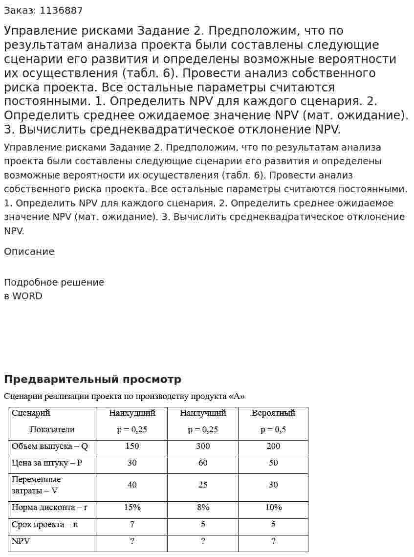 Управление рисками Задание 2.  Предположим, что по результатам анализа проекта были составлены следующие сценарии его развития и определены возможные вероятности их осуществления (табл. 6). Провести анализ собственного риска проекта. Все остальные параметры считаются постоянными. 1.	Определить NPV для каждого сценария. 2.	Определить среднее ожидаемое значение NPV (мат. ожидание). 3.	Вычислить среднеквадратическое отклонение NPV. 
