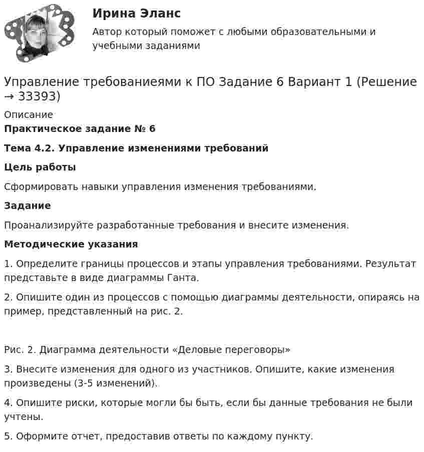     
          Описание
          Практическое задание № 6Тема 4.2. Управление изменениями требованийЦель работы	Сформировать навыки управления изменения требованиями.Задание	Проанализируйте разработанные требования и внесите изменения.Методические указания1.    Определите границы процессов и этапы управления требованиями. Результат представьте в виде диаграммы Ганта.2.    Опишите один из процессов с помощью диаграммы деятельности, опираясь на пример, представленный на рис. 2.Рис. 2. Диаграмма деятельности «Деловые переговоры»3.    Внесите изменения для одного из участников. Опишите, какие изменения произведены (3-5 изменений).4.    Опишите риски, которые могли бы быть, если бы данные требования не были учтены.5.    Оформите отчет, предоставив ответы по каждому пункту.  
            
            
            Управление транспортной системой. ЗадачиУправление требованиеями к ПО Задание 6 Вариант 1Управление требованиями к ПО Вариант 1Управление требованиями к ПО. Задание 2. Вариант 1. Управление требованиями к ПО Задание 3 Вариант 1Управление требованиями к ПО Задание 4 Вариант 1Управление требованиями к ПО Задание 5 Вариант 1Управление социальным развитием организации (тест с ответами Синергия/МОИ/ МТИ)Управление стоимостью компании💯 Управление стрессами (все ответы на тест Синергия / МТИ / МосАП, декабрь 2022)💯 Управление стрессами (все ответы на тест Синергия / МТИ / МосАП, март 2023)Управление стрессами (тест с ответами Синергия)Управление творческим процессом в рекламе и связях с общественностьюУправление творческим процессом в рекламе и связях с общественностью (тест с ответами Синергия)