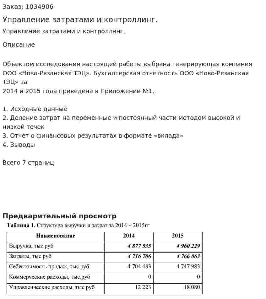Управление затратами и контроллинг. Контрольная работа 