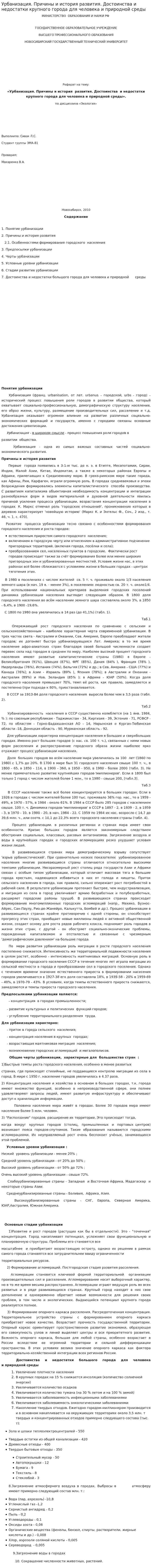 Урбанизация. Причины и история развития. Достоинства и недостатки крупного города для человека и природной среды