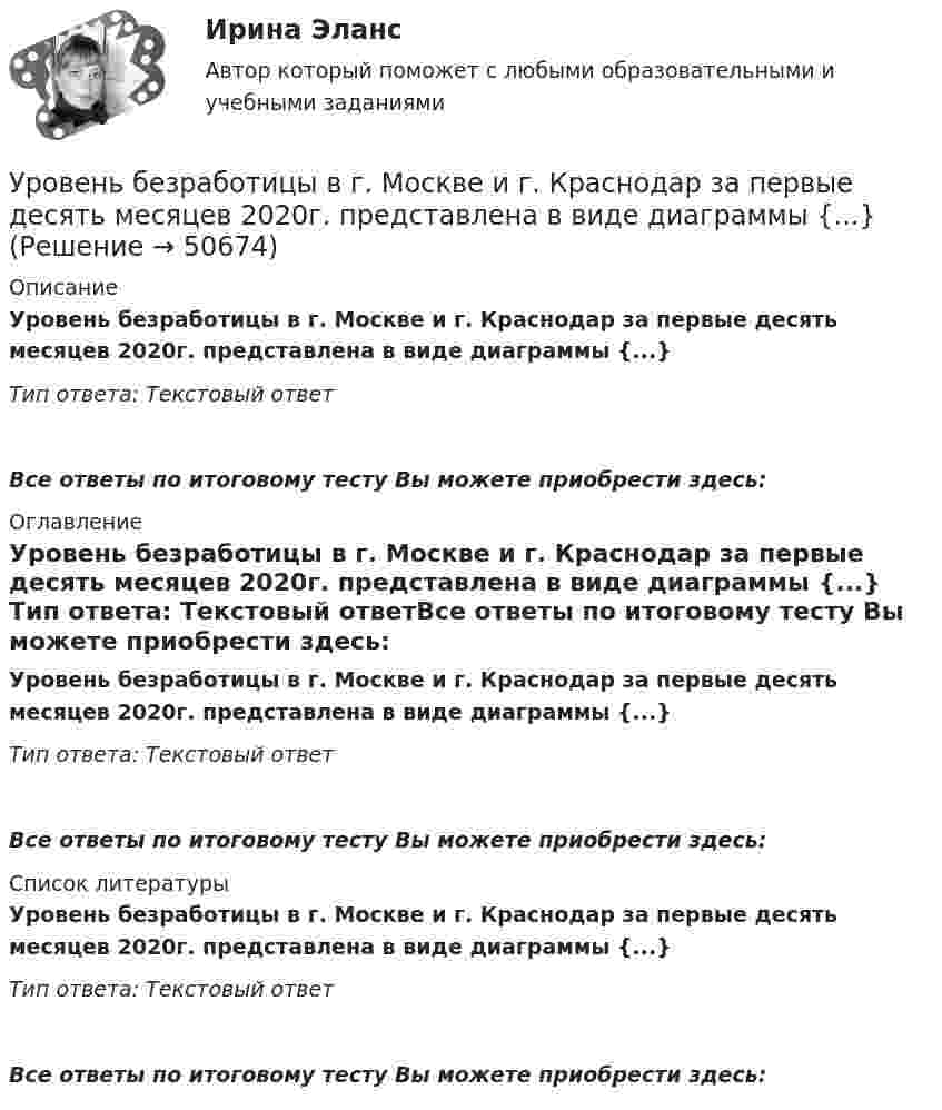      
            Описание
            Уровень безработицы в г. Москве и г. Краснодар за первые десять месяцев 2020г. представлена в виде диаграммы {...} Тип ответа: Текстовый ответ Все ответы по итоговому тесту Вы можете приобрести здесь:  
            Оглавление
            Уровень безработицы в г. Москве и г. Краснодар за первые десять месяцев 2020г. представлена в виде диаграммы {...} Тип ответа: Текстовый ответВсе ответы по итоговому тесту Вы можете приобрести здесь:  
            Список литературы
            Уровень безработицы в г. Москве и г. Краснодар за первые десять месяцев 2020г. представлена в виде диаграммы {...} Тип ответа: Текстовый ответВсе ответы по итоговому тесту Вы можете приобрести здесь: 
            
            
            урные политические события 90-х годов XX века сначала Пупкину даже нравились. Сколько перемен! Уровень безработицы в г. Москве и г. Краснодар за первые десять месяцев 2020г. представлена в виде диаграммы {...}Уровень безработицы в условиях полной занятости равен 6,5 %, уровень фактической безработицы – 8,2 %. Если коэффициент Оукена равен 2, то экономические потери от безработицы составят…Уровень безработицы определяется как отношение численности безработных к численности ...Уровень громкости звука частотой 200 Гц повысился с 20 до 50 фон. Во сколько раз увеличилась интенсивность звука?Уровень жизни и индекс человеческого развитияУровень значимости - это ...УрГЭУ Макроэкономическое планирование и прогнозирование (МЭПиП) Вариант 7 (2 задания). Имеются данные о численности наличного населения г. М за 2007-2015 гг. (на начало года), тыс. чел.:УрГЭУ Макроэкономическое планирование и прогнозирование (МЭПиП) Вариант 9 (2 задания).Имеются данные об объемах производства готовой продукции предприятием «Интер» за 2006-2015 гг., тыс. т:УрГЭУ Математика (3 задания) Вариант 1. Предприятие по производству строительных материалов ООО «Стройпласт» выпускает два вида стройматериалов: жидкое стекло и пенопластУрГЭУ Математика (3 задания) Вариант 9 Предприниматель Чонкин планирует заняться разведением рыбы в искусственном водоеме. УрГЭУ Статистика Вариант 10 (8 задач + реферат на тему Исследование социально-экономических явлений с помощью многофакторных моделей индексов (за последние 5 лет).УрГЭУ Статистика Вариант 3 (8 задач + реферат на тему Факторный анализ прибыли и рентабельности. .(за последние 5 лет))У ребенка появляются дополнительные агенты социализации, к примеру, воспитатели и учителя. На данной стадии происходит процесс овладения личностью перечнем очень важных познавательных и мыслительных навыков. О каком возрасте ребенка идет речь?