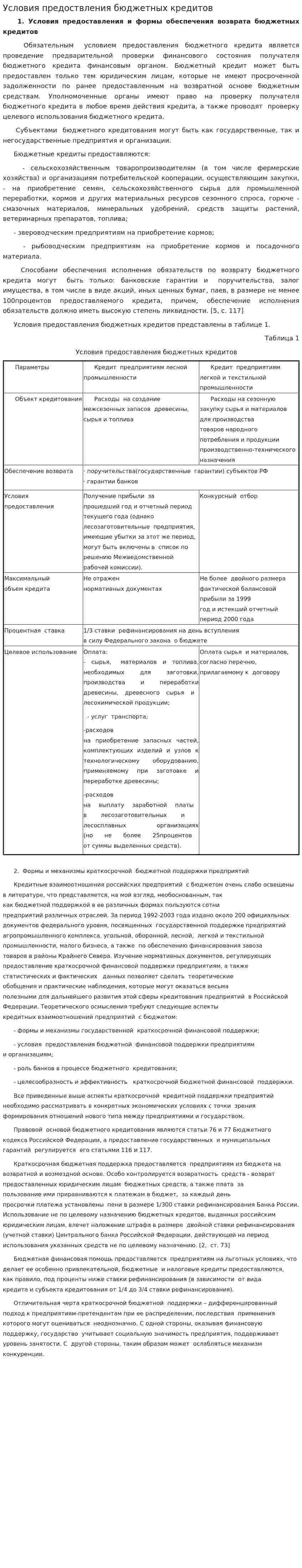 Условия предоствления бюджетных кредитов