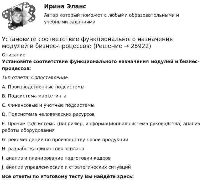      
          Описание
          Установите соответствие функционального назначения модулей и бизнес-процессов:Тип ответа: СопоставлениеА. Производственные подсистемыВ. Подсистема маркетингаС. Финансовые и учетные подсистемыD. Подсистема человеческих ресурсовЕ. Прочие подсистемы (например, информационная система руководства) анализ работы оборудованияG. рекомендации по производству новой продукцииН. разработка финансового планаI. анализ и планирование подготовки кадровJ. анализ управленческих и стратегических ситуацийВсе ответы по итоговому тесту Вы найдёте здесь:   
            
            
            Установите соответствие формы семантический анализ содержания и его описания:Установите соответствие функционального назначения модулей и бизнес-процессов:Установите соответствие элементов бюджетной классификации Российской Федерации и их составляющих:Установите соответствие юридических и дипломатических средств мирного разрешения международных споров: Установите соответствии между методами статистического анализа и основными положениями, из которых они исходят:Установите соответствия между видами информации и их содержанием. Установите соответствия между наименованиями факторов, влияющих на развитие личности ребёнка (наследственность, среда развития, воспитание, деятельность), с их определениями. Установите соответствие специфических школ стратегического менеджмента и того, как эти школы понимают сущность стратегического управления:Установите соответствие способов демонстрации итоговых аналитических документов и их характеристик:Установите соответствие субъектов бюджетных правоотношений и бюджетных полномочий, которыми наделены данные субъекты:Установите соответствие термина и его определения: A. Трест В. Концерн C. Холдинг D. Консорциум E. временное, обычно на срок выполнения проекта, соглашение между несколькими банками, кредитными организациями или группами компаний (фирм) Установите соответствие уровней сотрудничества государств с международными правонарушениями и национальными преступлениями:Установите соответствие философских направлений и их основных постулатов:Установите соответствие формы адвокатского образования и того, кто его вправе учредить: