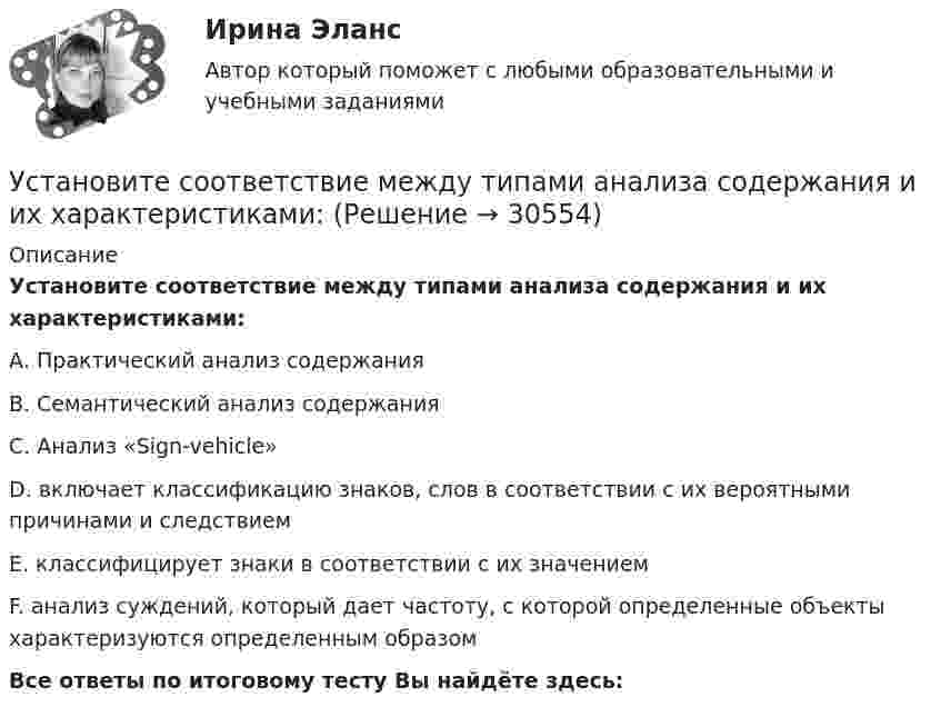      
          Описание
          Установите соответствие между типами анализа содержания и их характеристиками:А. Практический анализ содержанияВ. Семантический анализ содержанияС. Анализ «Sign-vehicle»D. включает классификацию знаков, слов в соответствии с их вероятными причинами и следствиемЕ. классифицирует знаки в соответствии с их значениемF. анализ суждений, который дает частоту, с которой определенные объекты характеризуются определенным образом Все ответы по итоговому тесту Вы найдёте здесь:   
            
            
            Установите соответствие между терминами и их содержанием.  НалиУстановите соответствие между типами анализа содержания и их характеристиками:Установите соответствие между типами жестов и их значением:Установите соответствие между типами капитала (по П. Бурдье) и спецификой его активов:Установите соответствие между типами корпоративного лидерства и их  описаниями: A. Индивидуальное лидерство  B. Сетевое лидерство  C. Транзакционное лидерство D. тип лидерства, при котором руководитель при выполнении задач способен  достигУстановите соответствие между типами лидеров и их характеристиками:Установите соответствие между типами лидеров и их характеристиками:Установите соответствие между сферой деятельности в космическом пространстве и соответствующими субъектами права:Установите соответствие между теориями и их содержаниями: A. подоходной функции потребления   B. Теория демонстрационного эффекта   C. Теория жизненного цикла  D. функция потребления рассматривается с учетом разных доходов, разных групп населенияУстановите соответствие между терминами и их определениями:Установите соответствие между терминами и их определениями:  A. Маркетинговые возможности   B. Маркетинговый анализ   C. Ситуационный анализ  D. соотношение между определенной областью потребительских нужд и реальными ресурсами (потенциалов)Установите соответствие между терминами и их определениями:  A. Номинальный валютный (обменный) курс   B. Реальный валютный (обменный) курс   C. Валютный рынок   D. относительная цена национальной валюты, выраженная в иностранной валюте Установите соответствие между терминами и их определениями:  A. Репутация компании  B. Научные исследования и разработки  C. Средства производства   D. Финансовые возможности фирмы  E. отношение потребителей к управляемости фирмой, к ее продукцииУстановите соответствие между терминами и их определениями:  Тип ответа: Сопоставление  A. Концепция  B. Маркетинг  C. Конъюнктура рынка