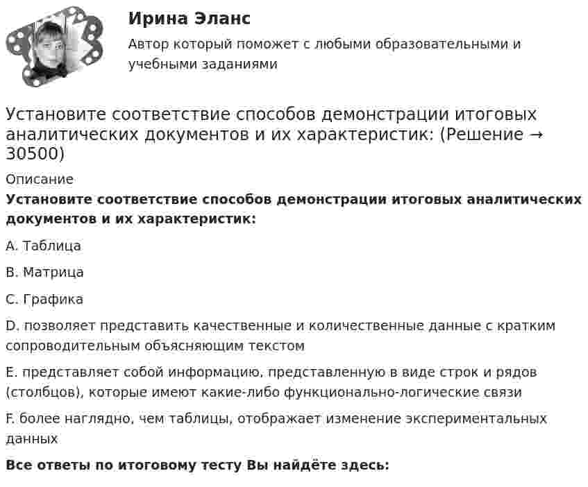 Установите соответствие способов демонстрации итоговых аналитических ...