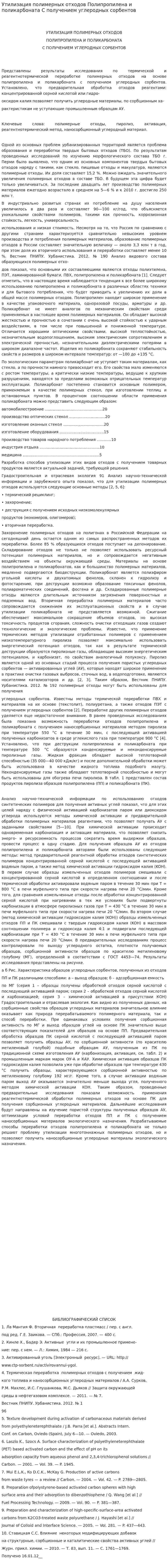 Утилизация полимерных отходов Полипропилена и поликарбоната С получением углеродных сорбентов