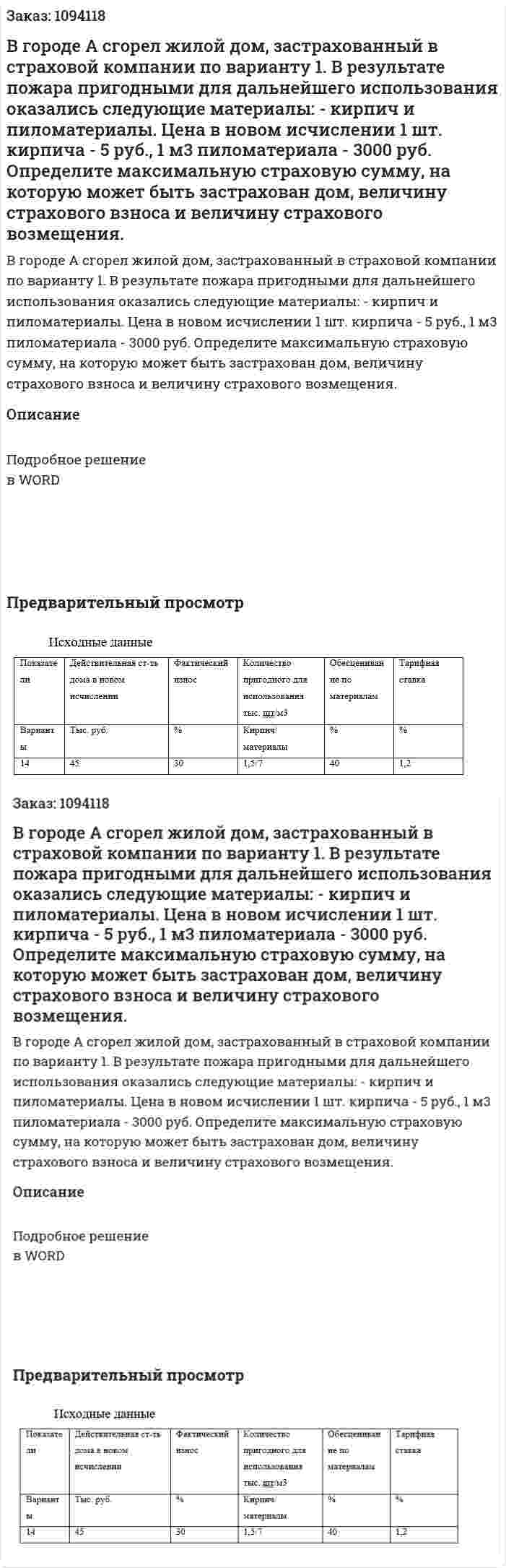 В городе А сгорел жилой дом, застрахованный в страховой компании по варианту 1. В результате пожара пригодными для дальнейшего использования оказались следующие материалы:  - кирпич и пиломатериалы. Цена в новом исчислении 1 шт. кирпича - 5 руб., 1 м3 пиломатериала - 3000 руб.   Определите максимальную страховую сумму, на которую может быть застрахован дом, величину страхового взноса и величину страхового возмещения.  