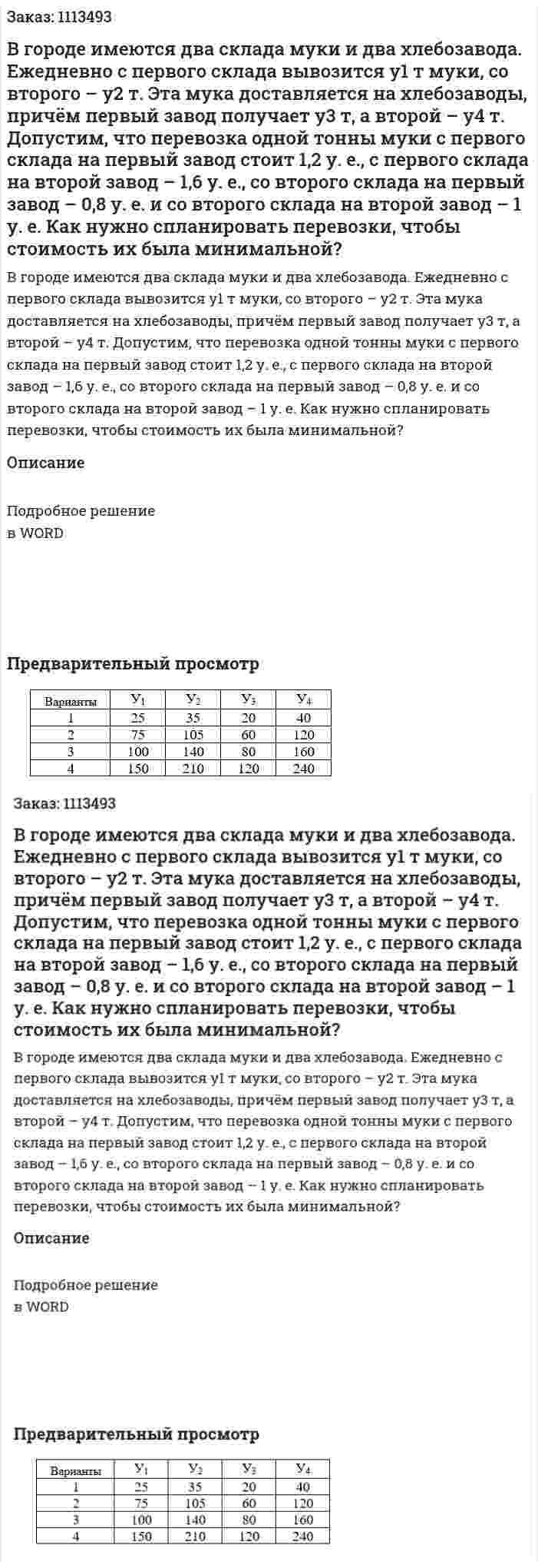 В городе имеются два склада муки и два хлебозавода. Ежедневно с первого склада вывозится у1 т муки, со второго – у2 т. Эта мука доставляется на хлебозаводы, причём первый завод получает у3 т, а второй – у4 т.  Допустим, что перевозка одной тонны муки с первого склада на первый завод стоит 1,2 у. е., с первого склада на второй завод – 1,6 у. е., со второго склада на первый завод – 0,8 у. е. и со второго склада на второй завод – 1 у. е.  Как нужно спланировать перевозки, чтобы стоимость их была минимальной? 