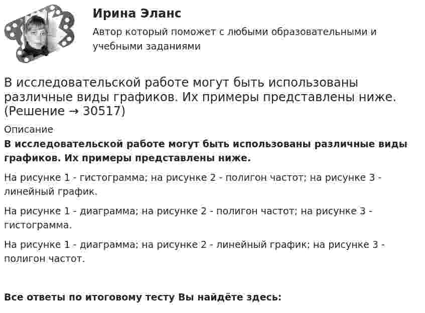    
          Описание
          В исследовательской работе могут быть использованы различные виды графиков. Их примеры представлены ниже.На рисунке 1 - гистограмма; на рисунке 2 - полигон частот; на рисунке 3 - линейный график.На рисунке 1 - диаграмма; на рисунке 2 - полигон частот; на рисунке 3 - гистограмма.На рисунке 1 - диаграмма; на рисунке 2 - линейный график; на рисунке 3 - полигон частот.Все ответы по итоговому тесту Вы найдёте здесь:   
            
            
            В исследовательской работе могут быть использованы различные виды графиков. Их примеры представлены ниже.В исследовательской работе могут быть использованы различные виды графиков. Их примеры представлены ниже.В истории России миграция населения имела большое значение. В.О. Ключевский писал: «Вся история России есть история страны, которая колонизируется», «колонизация страны - основной урок русской истории», а «периоды русской истории - главные моменты колонизации» .В истории управления проектами 1957 год ознаменовался тем, что коллективом корпорации Remington Rand, возглавляемым Kelly и Walker, был разработан новый инструмент в системе управления проектами - пошаговая система управления процессами отдельногоВисящий на пружине груз совершает колебания с амплитудой x = 4 см. Определить полную энергию гармонических колебаний, если для удлинения пружины на x = 1 см требуется сила F = 1 Н.Витамины, которые необходимы, для правильного роста волосВИТ.ВИБ. История Практическая работа: Тема № 5: «Россия и мир в XVIII в.: новые взаимосвязи и различия»Виртуальной защищенной сетью VPN (Virtual Private Network) называют объединение локальных сетей и отдельных компьютеров через …ВИРТУАЛЬНЫЕ СПРАВОЧНЫЕ СЛУЖБЫ. Аналитический обзорВирус внедряется в исполняемые файлы и при их запуске активируется. Это...Вирусные инфекции - беда 21 векаВирусы в макросах документов способы внедрения, распространения и защитыВирусы русской речиВирус является наиболее уязвимым со стороны антивирусного программного обеспечения во время …